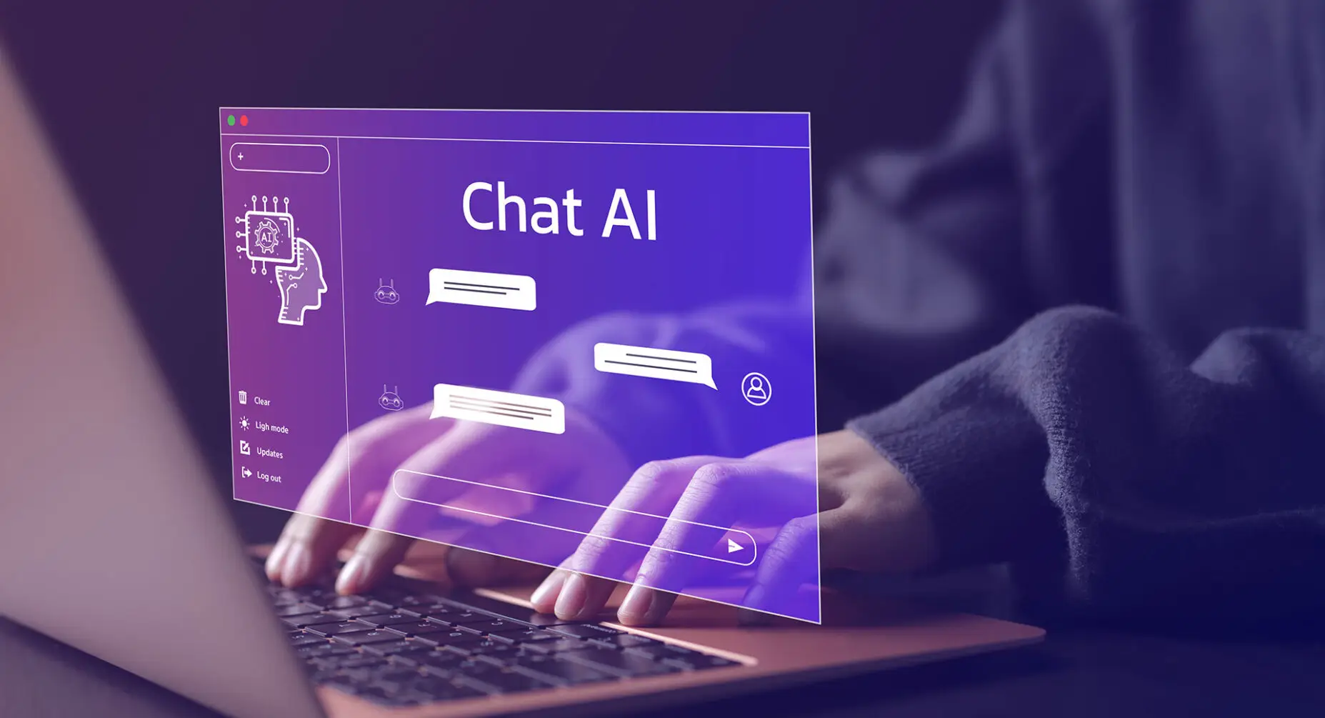 A user is interacting with a Chat AI interface on a laptop, featuring a purple-themed AI brain and speech bubble graphics.
